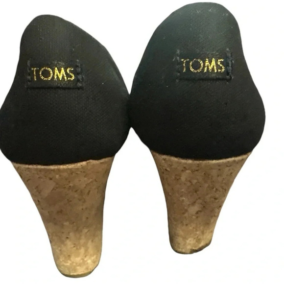 TOMS Women Michelle Black Cotton Peep-Toe Platform Cork Wedge Heel - Picture 2 of 6